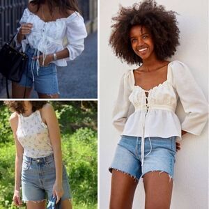 H&M x Brock Collection Slim High Waist Medium Wash Cut-Off Denim Shorts size 16